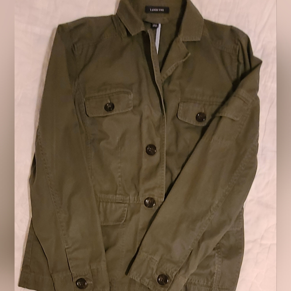 Lands End Army green button down womens jacket.
